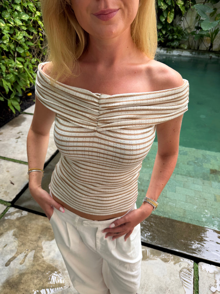 Milly Off Shoulder Top - White/Beige Stripes