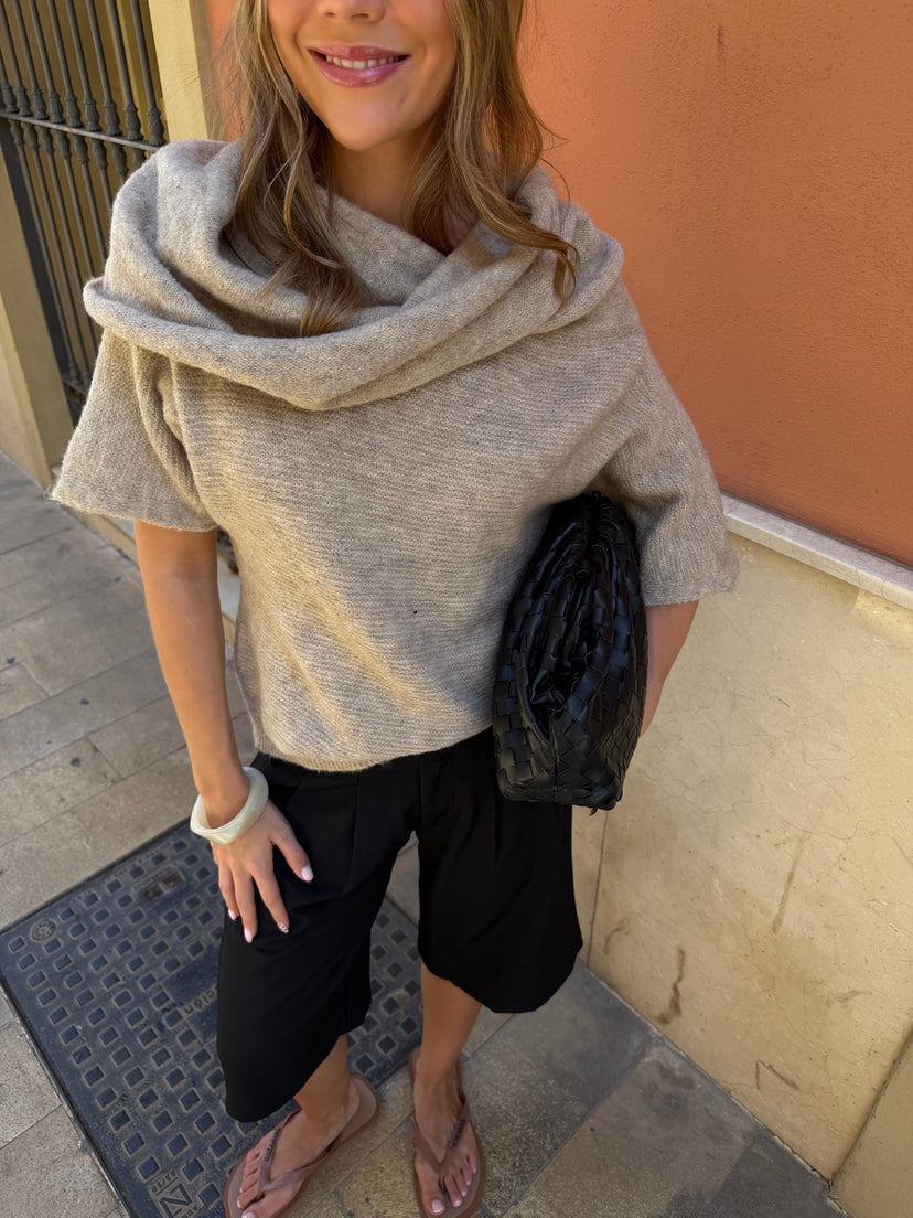 Rita Off Shoulder Hood Knit - Beige Melange