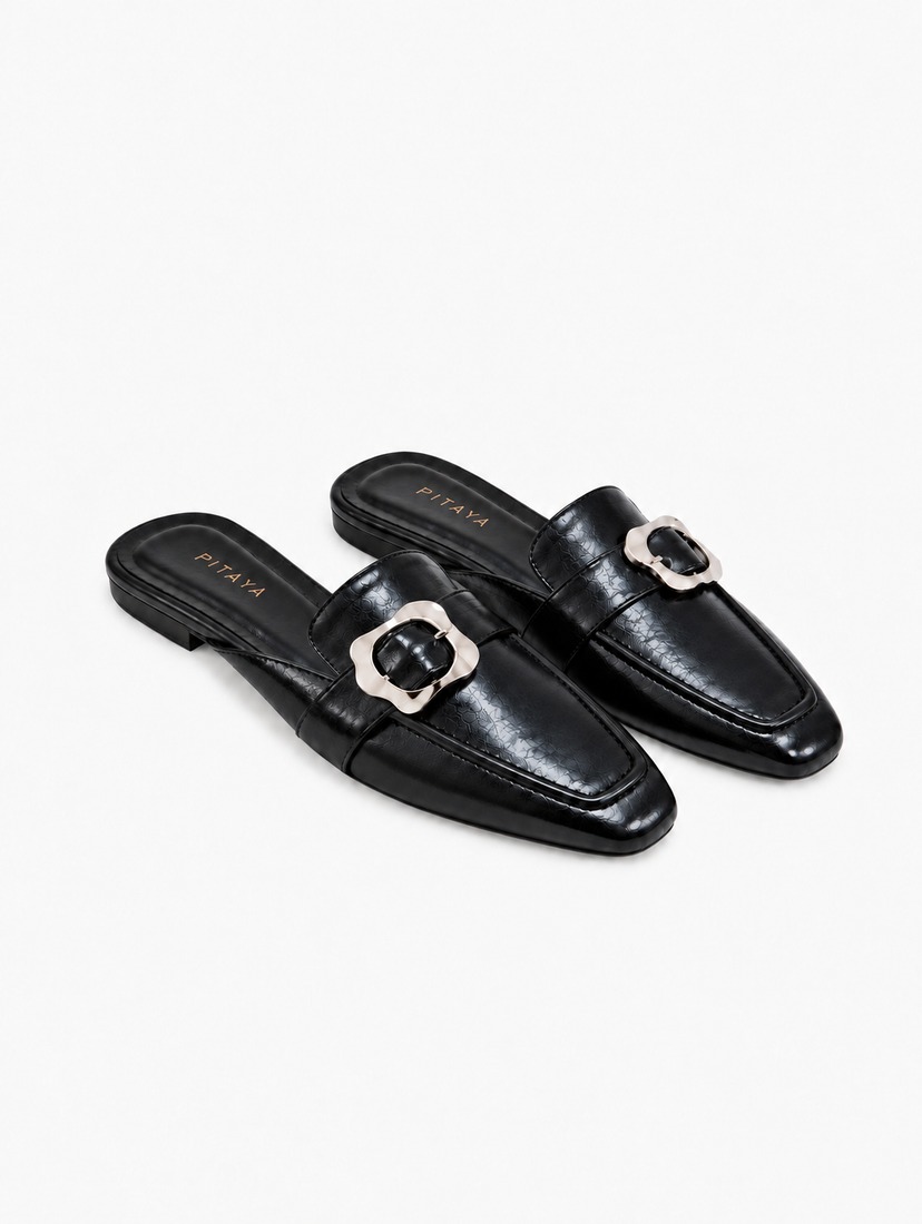 Amy Buckle Mules - Black