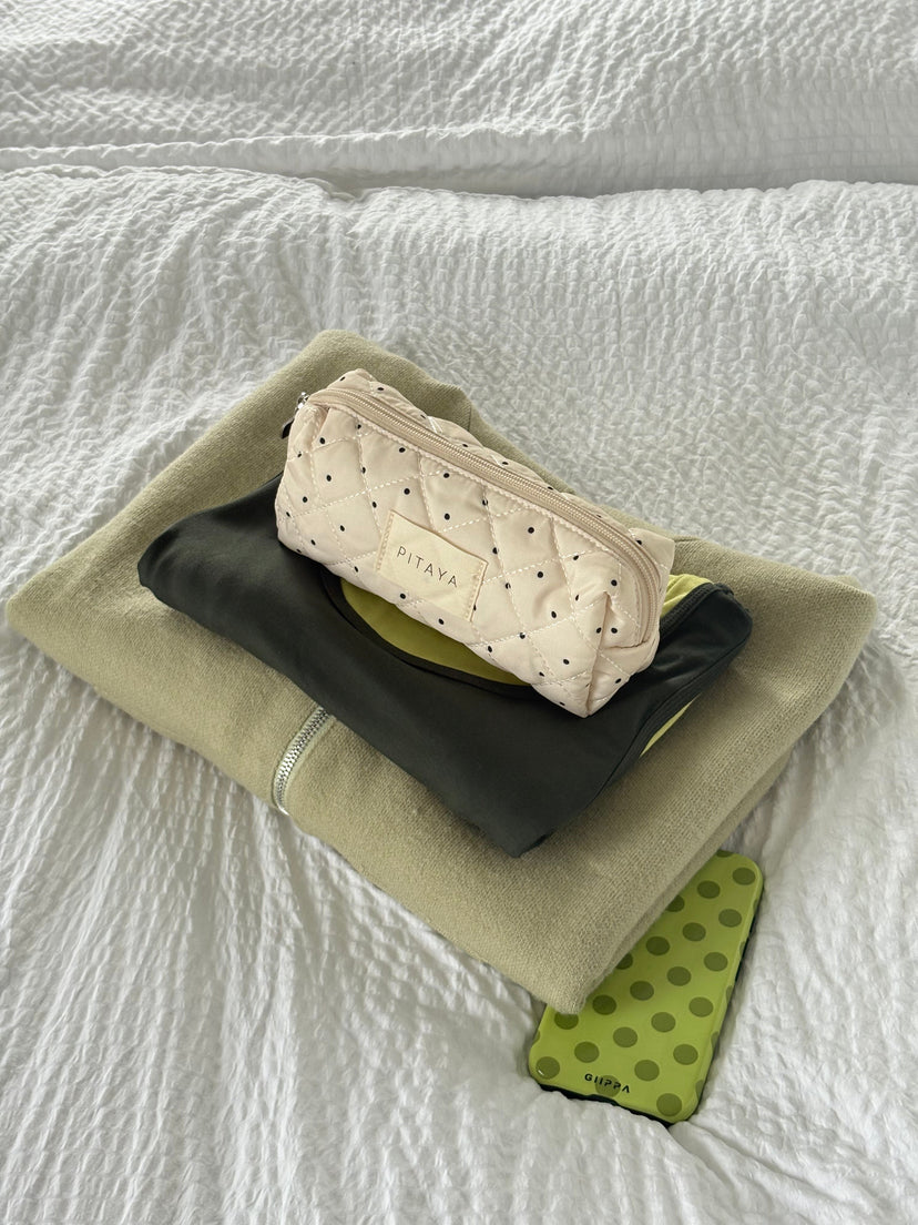 Small Makeup Bag - Beige/Black Dots