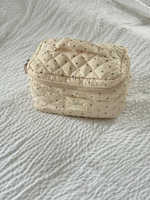 Large Makeup Bag - Beige/Black Dots