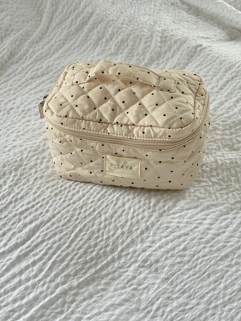 Large Makeup Bag - Beige/Black Dots
