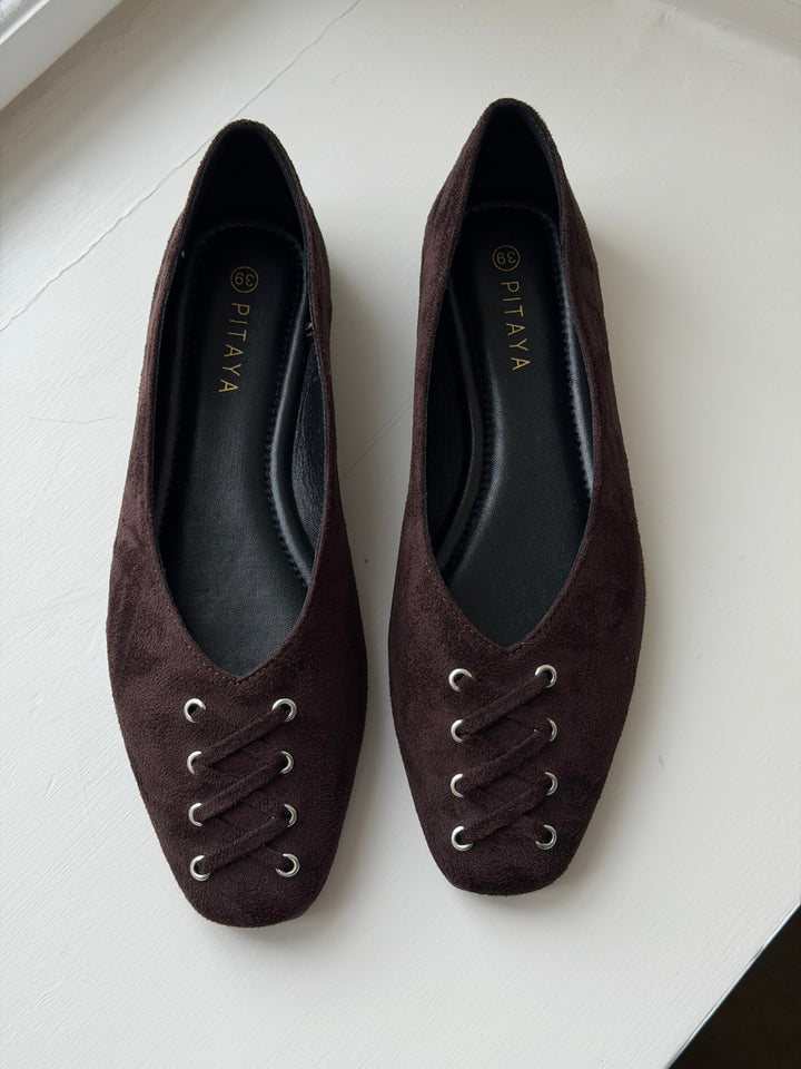 Kira Tie Ballerina - Faux Suede Dark Brown