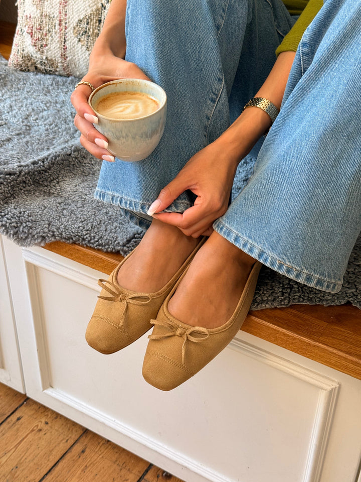 Irina Square Bow Ballerina - Faux Suede Caffe Latte