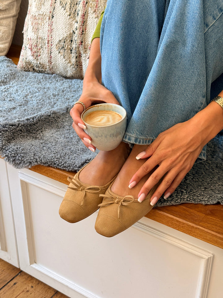 Irina Square Bow Ballerina - Faux Suede Caffe Latte