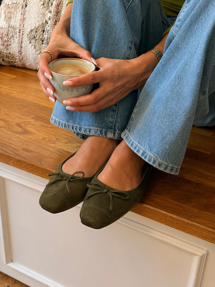 Irina Square Bow Ballerina - Faux Suede Army Green