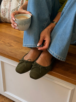 Irina Square Bow Ballerina - Faux Suede Army Green