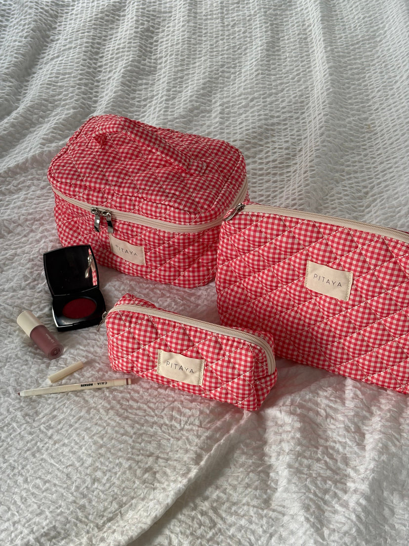 Medium Triangle Makeup Bag - Red Check