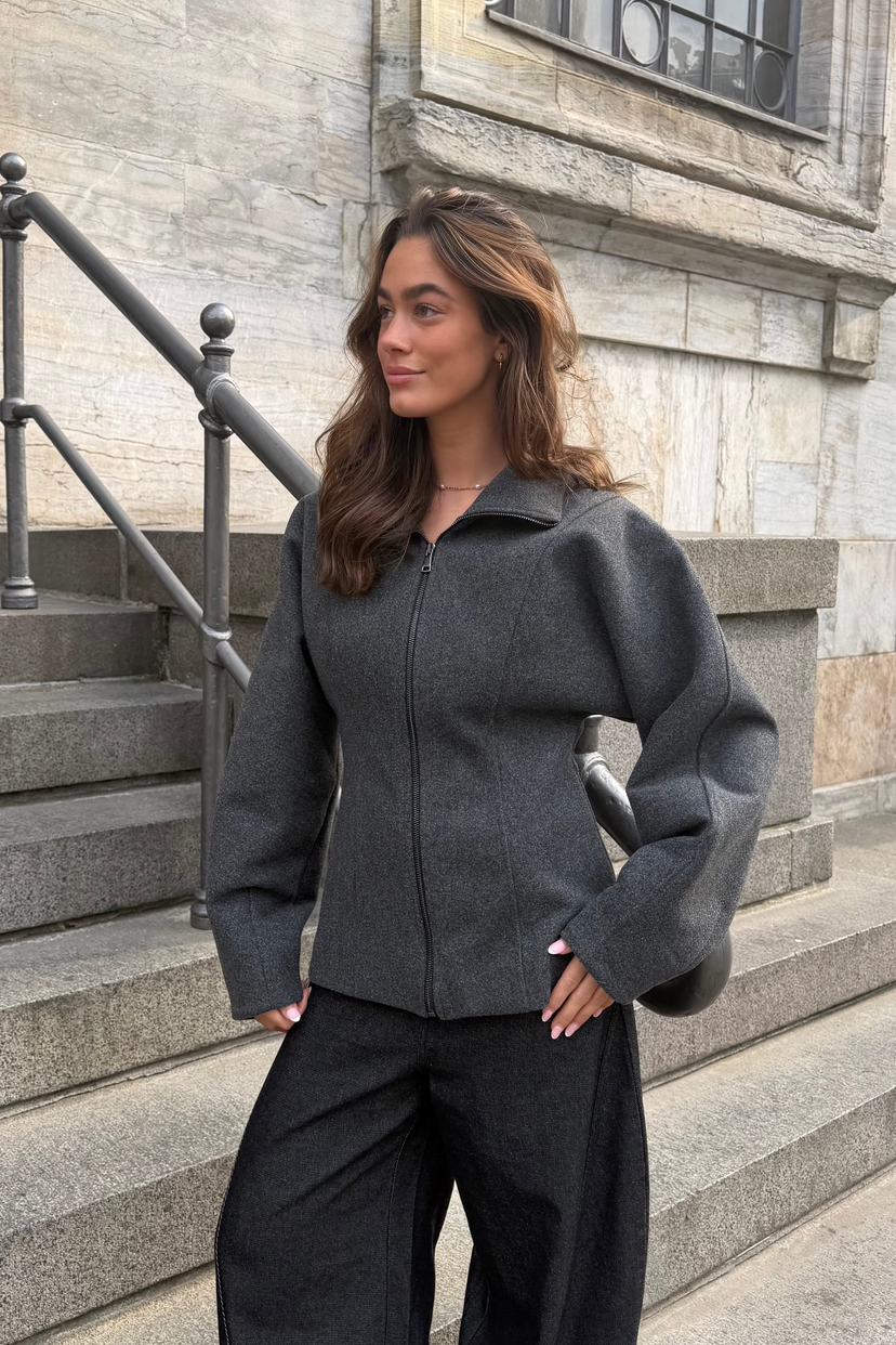 Paula getailleerde jas met rits - Donkergrijs gemêleerd