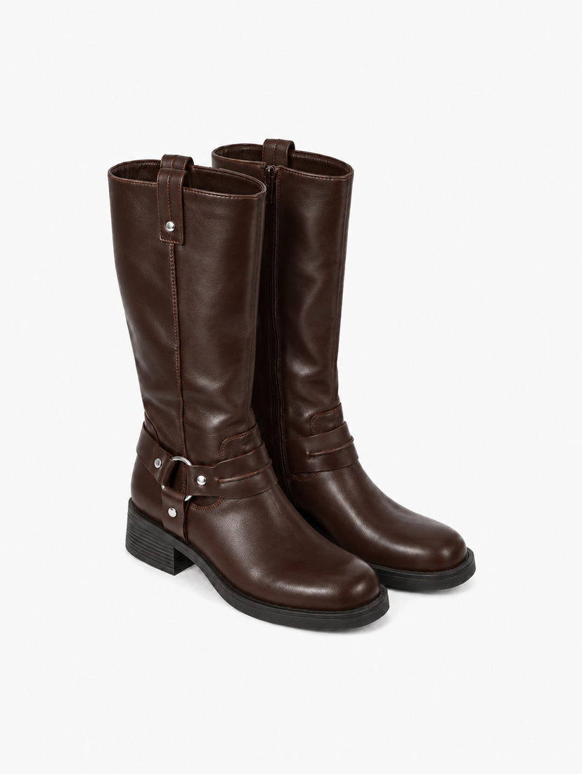 Olina Chunky Biker Boots - Dark Brown