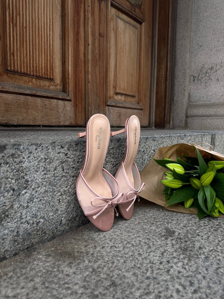 Nellie Bow Tie Heeled Mules - Champagne